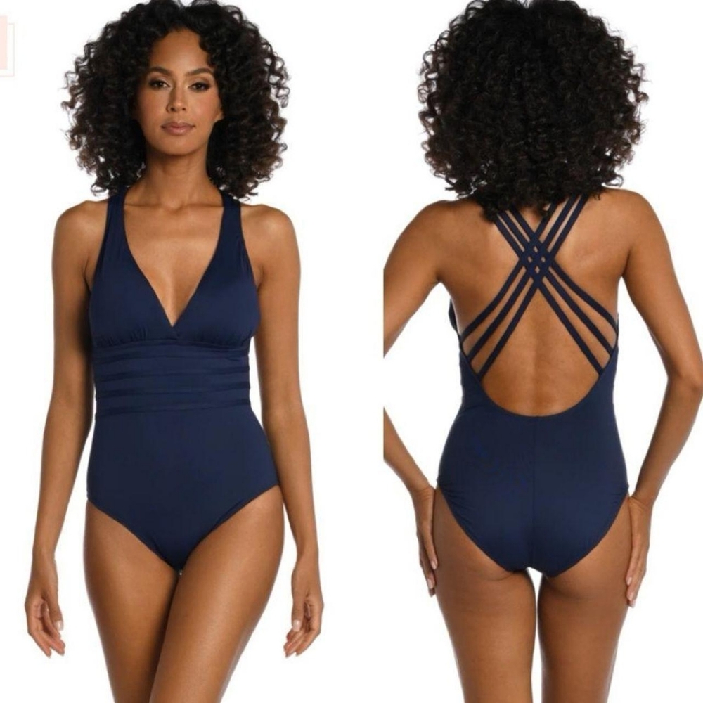 La Blanca Women's Blue V-Neck Multi-Strap Cross-Back Swimsuit-one-piece